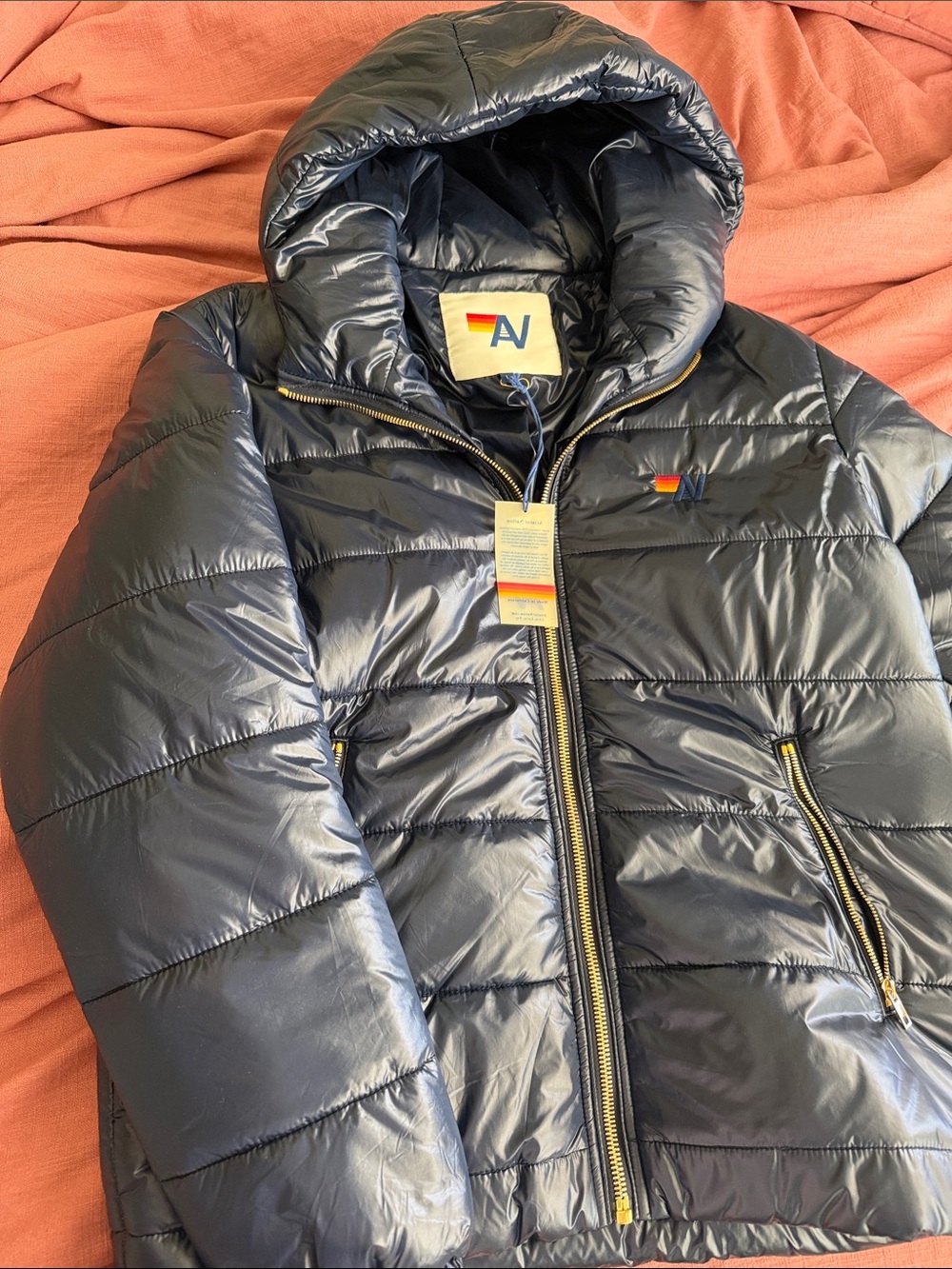 Aviator Nation Shiny Navy Hooded Puffer Jacket